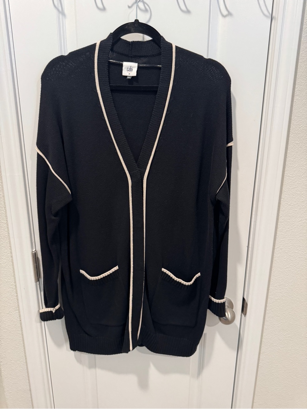 CAbi Black Cardigan with Tan Piping trim